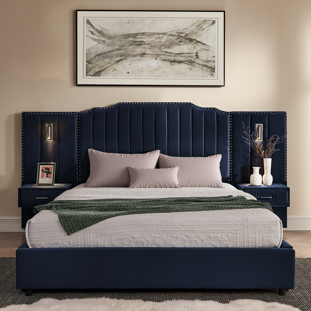 Front view of queen velvet upholstered bed frame with navy tufted headboard, built-in lights, and storage nightstands.