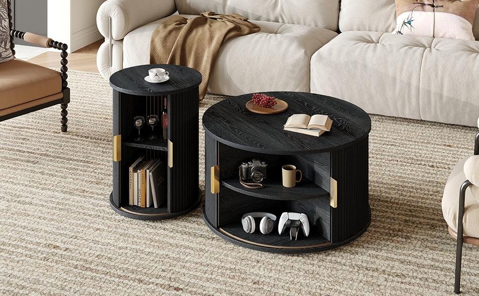 [Assembly Video] Mid-Century Coffee Table Set with Sliding Tambour Door, Round Fluted End Table With Storage, Golden Handle Tall & Low Side Table with Wooden Finish for Living Room, Set of Two, Black.