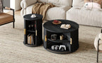 [Assembly Video] Mid-Century Coffee Table Set with Sliding Tambour Door, Round Fluted End Table With Storage, Golden Handle Tall & Low Side Table with Wooden Finish for Living Room, Set of Two, Black.