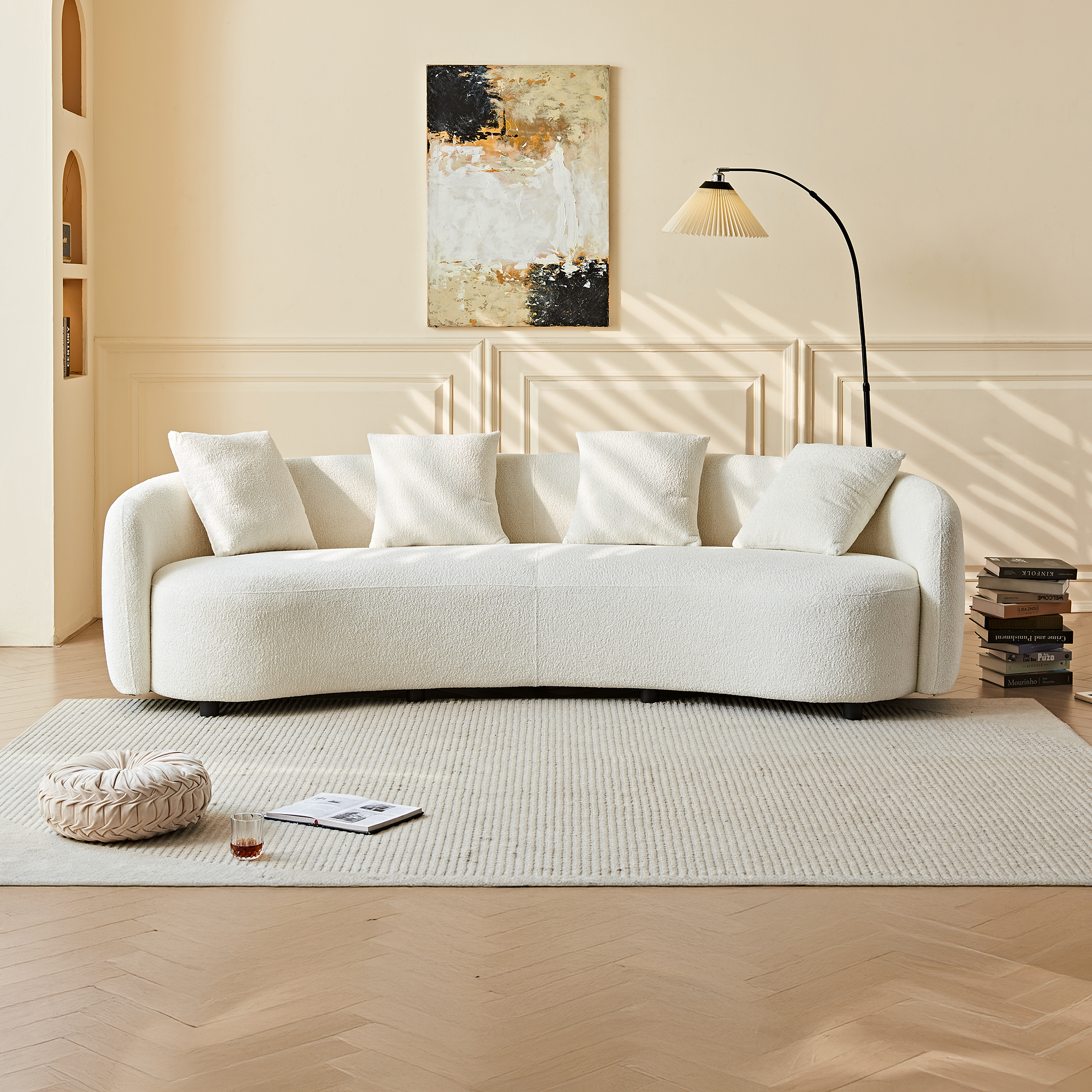 Modern Curved Velvet Sofa with 4 Pillows for Living Room.