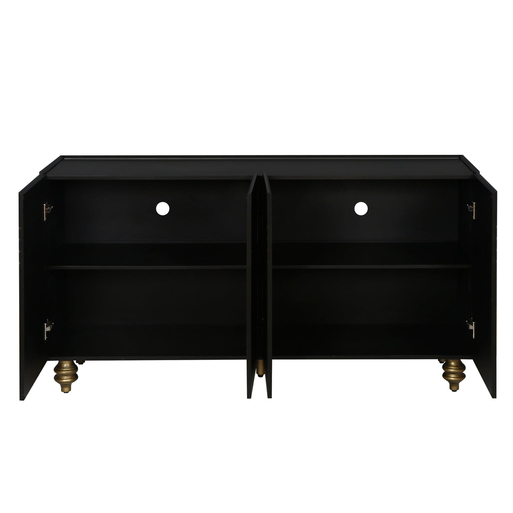 Modern Fluted Sideboard Buffet with Storage, Curve Element with Strict Lines, Black MDF 4-Door Cabinet