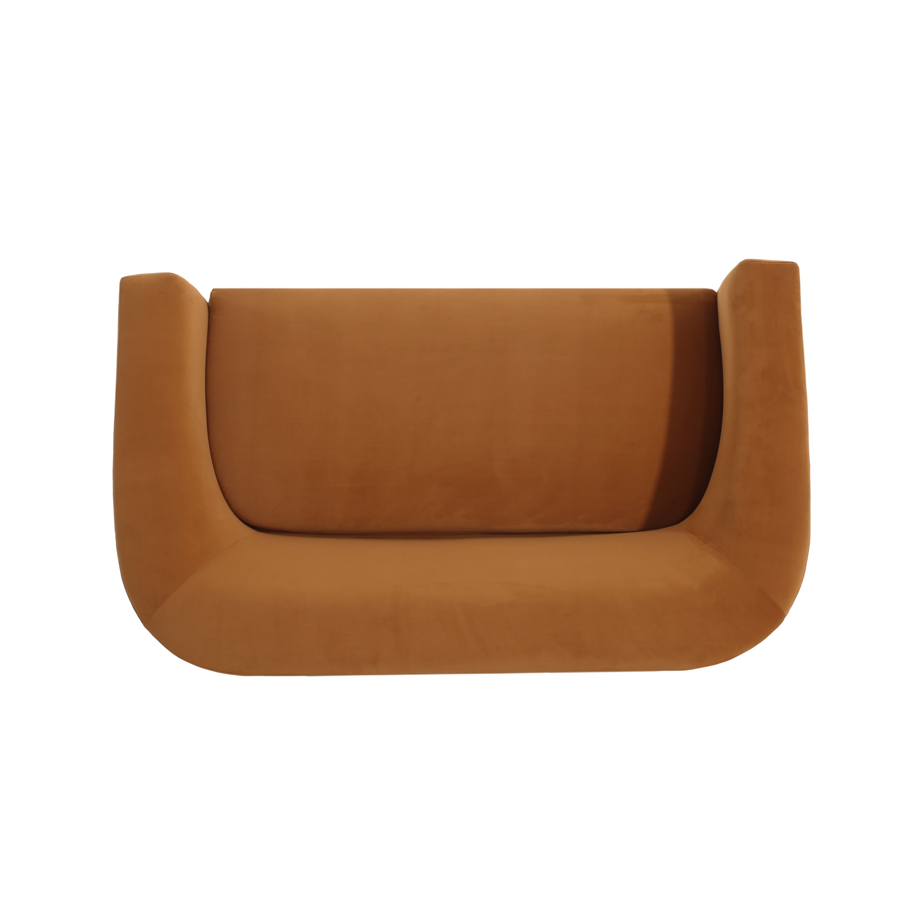 Back view of modern velvet loveseat showing smooth upholstery and curved backrest, emphasizing its elegant and minimalist design.