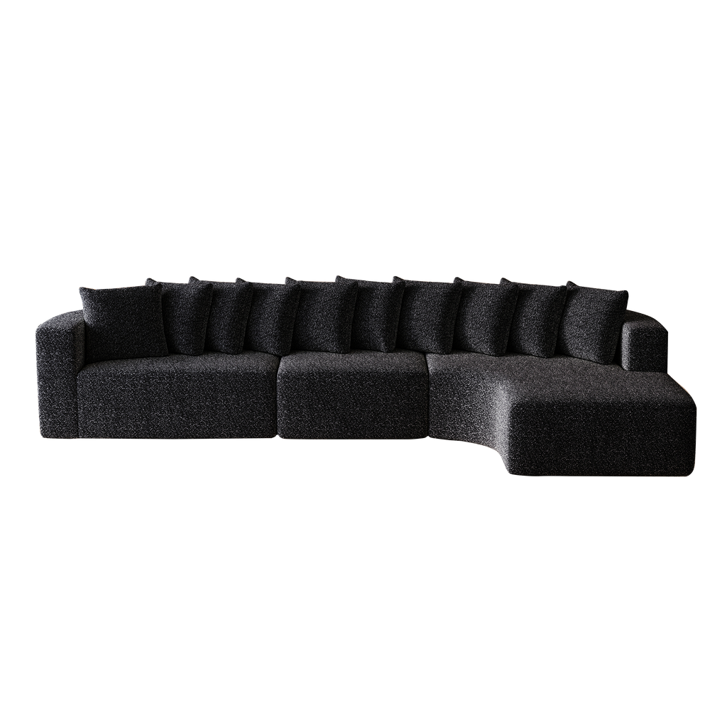 Chenille Sectional Sofa - Modular L-Shaped Sofa isolated on black background, showcasing curved design and chenille fabric with 10 pillows.