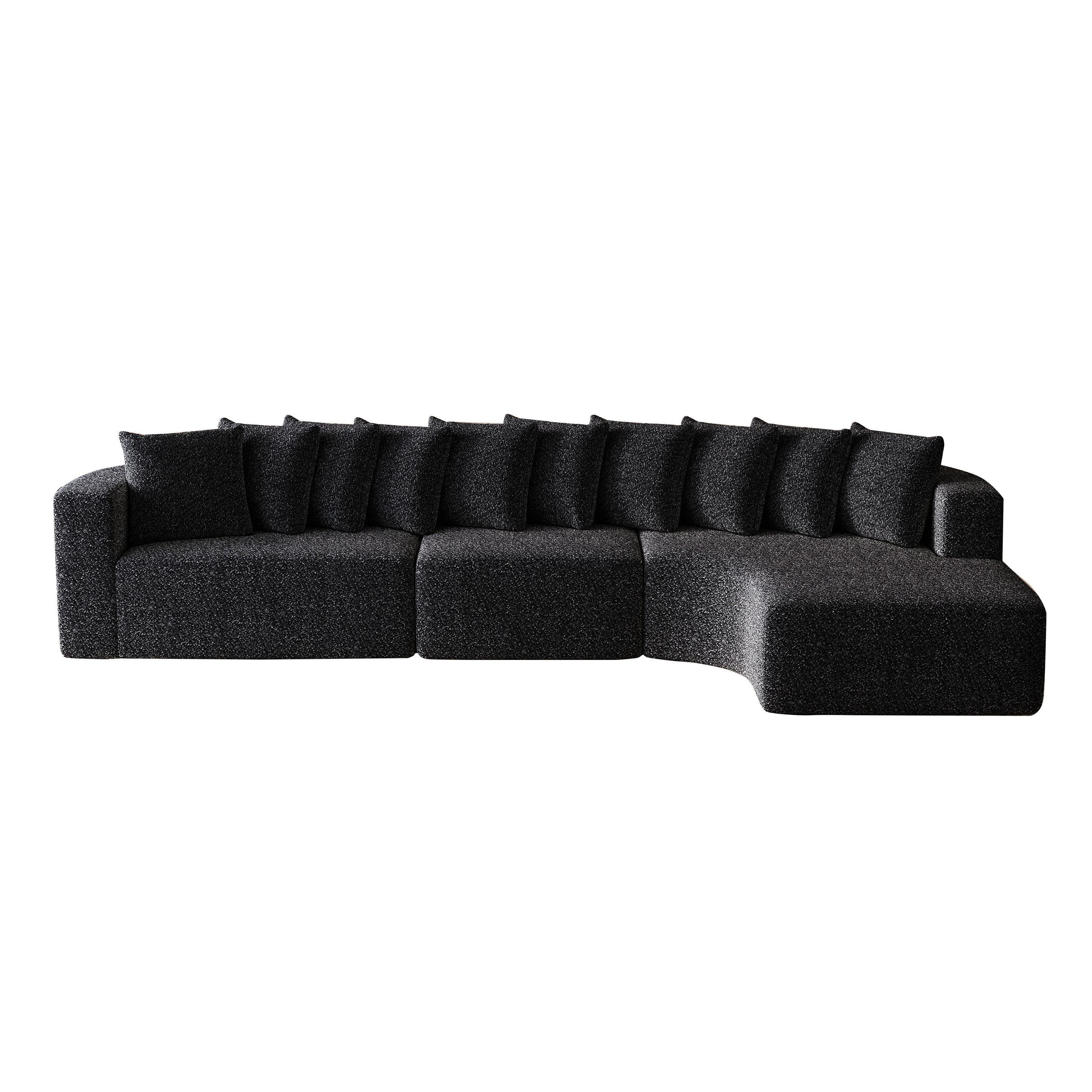 Chenille Sectional Sofa - Modular L-Shaped Sofa isolated on black background, showcasing curved design and chenille fabric with 10 pillows.