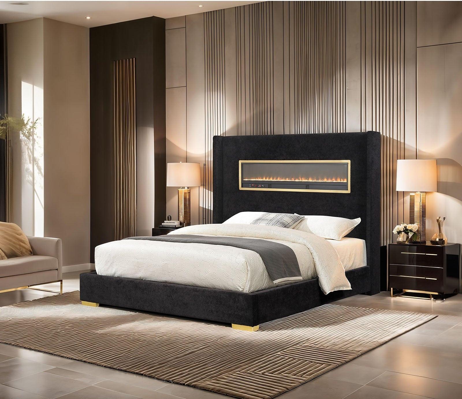 Contemporary Style Black Color 1pc Queen Size Bed Upholstered Fabric Bedframe Bedroom Furniture 3D Fireplace HB.