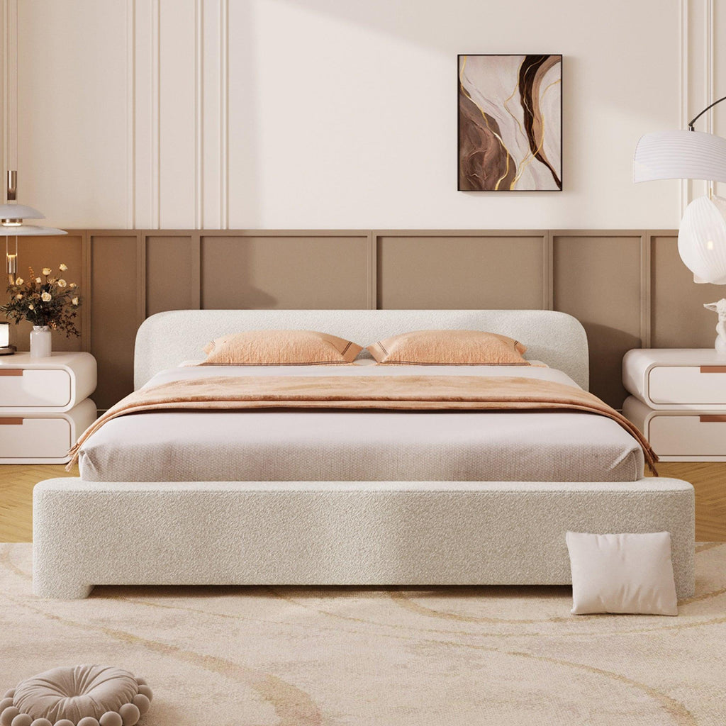 Cozy Upholstered Queen Bed in White Boucle.