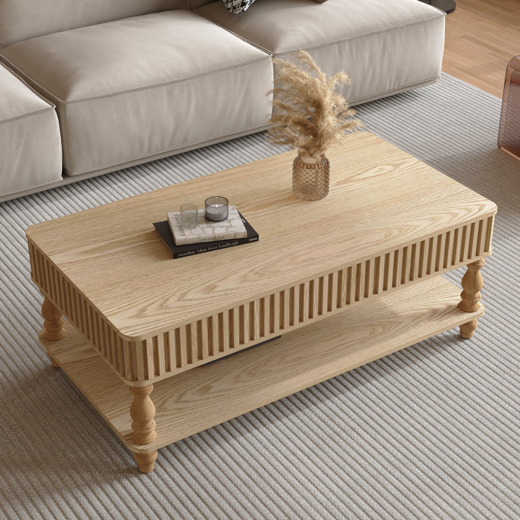 Lift top coffee table with hidden storage and elegant wood grain finish, blending functionality with modern aesthetics.