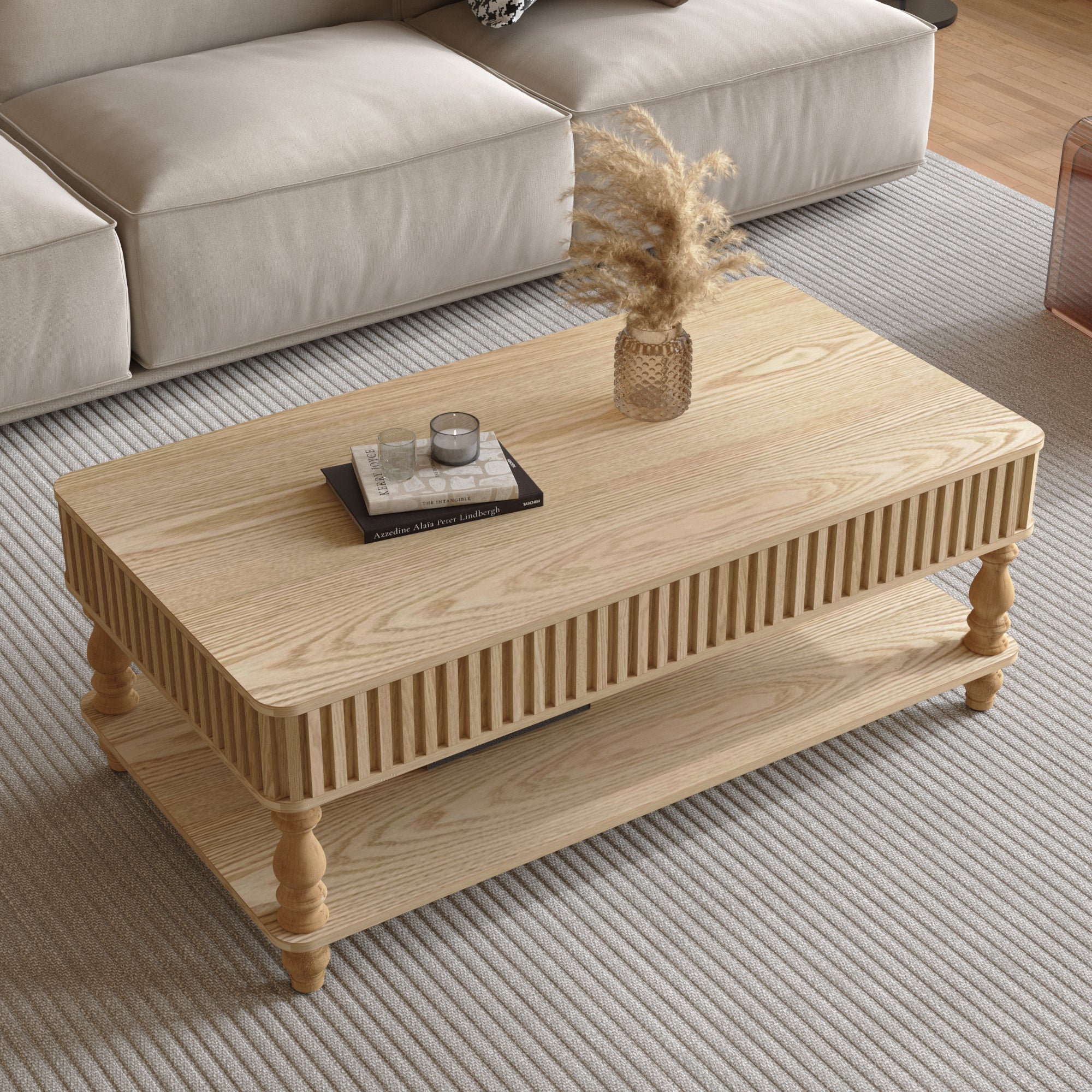 Lift top coffee table with hidden storage and elegant wood grain finish, blending functionality with modern aesthetics.