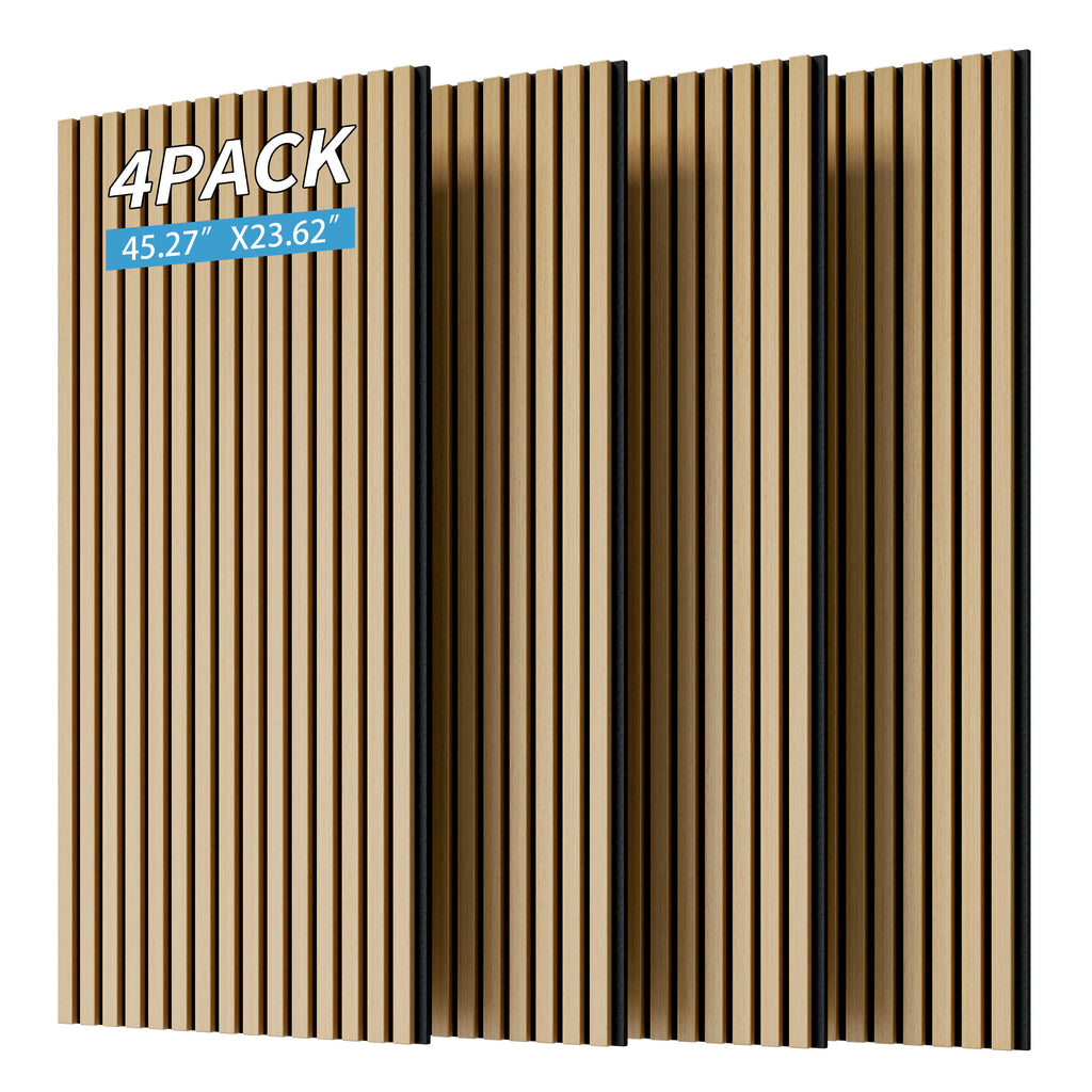 Wood Panels for Wall Slat Wall Panels, 4PC Wood Slat Acoustic Panels for Wall and Ceiling - 3D Fluted Sound Absorbing Panel with Three Sides Fully Wrapped on Wood Finish -45.27''X23.62''(White Oak)