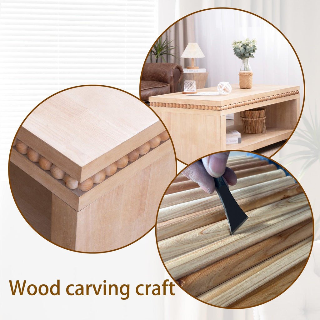 Modern Wood Coffee Table with Beaded Trim – 47 Rectangular Coffee Table with Open Storage Shelf, Light Natural Finish – Farmhouse & Coastal Living Room Furniture.