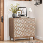 Geometric Sideboard Tangerine Walnut - 31.5" Storage Unit styled in an entryway with decor, showcasing its versatile farmhouse charm.