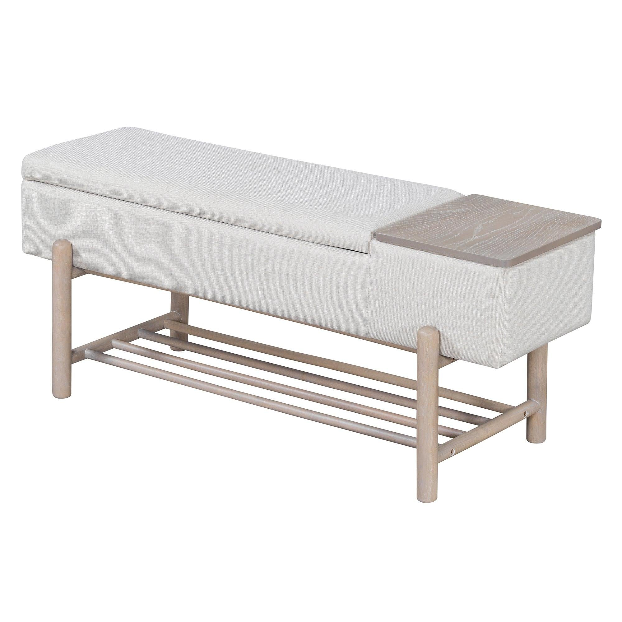TREXM Farmhouse Upholstered Storage Bench with Hidden Compartment, Modern Entryway Bench for Living Room, Entryway, and Hallways (Natural).