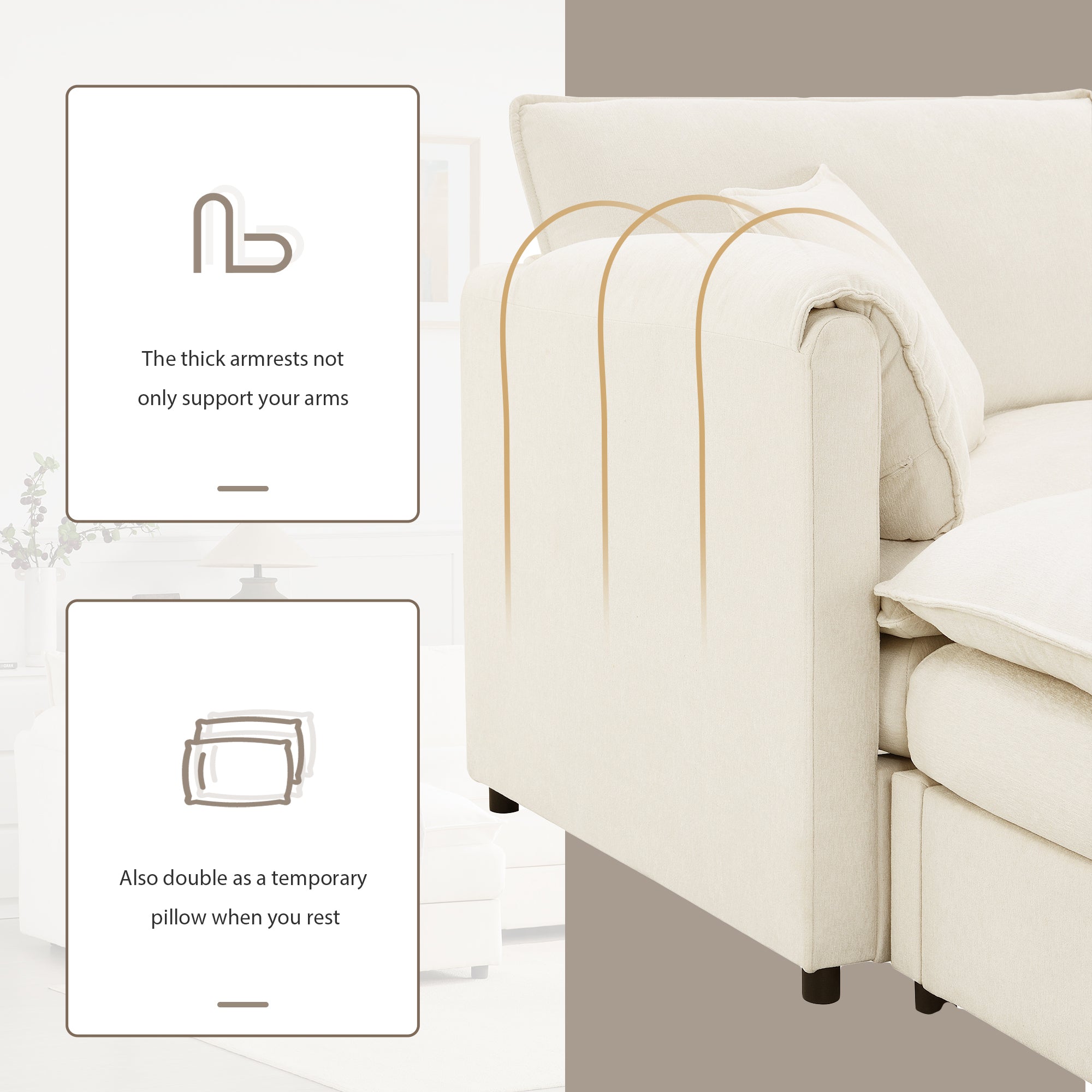 Chenille Modular Sofa with thick armrests that double as pillows, enhancing comfort and functionality in a cream sectional design.