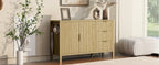 Wave-pattern sideboard cabinet in a bright room with decorative items on top, offering modern storage for entryways or living areas.