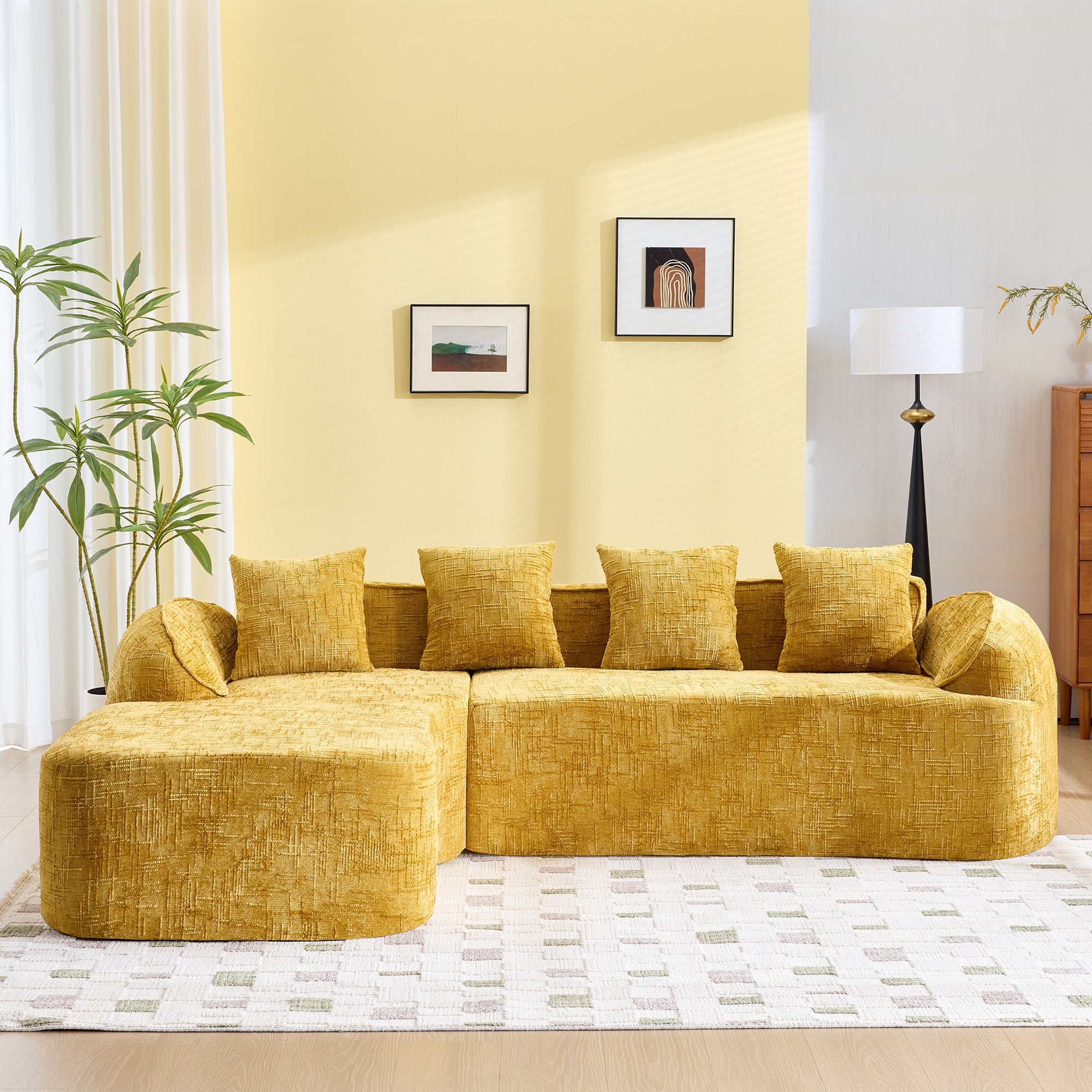 Contemporary yellow chenille L-shaped sofa with five matching pillows, designed for comfort and style in a minimalist living space.