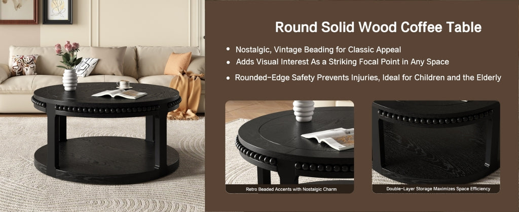 31.5 Inch Solid Wood Round Coffee Table for Living Room,2-Tier Rustic Wood Desktop with Storage Shelf Modern Design Home Furniture (Black)