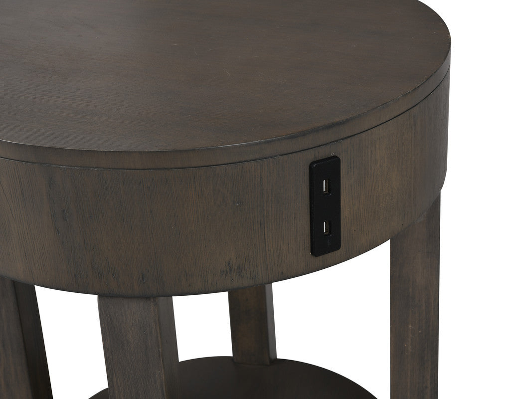 Close-up of USB charging ports on 20' MDF end table, highlighting built-in functionality for charging devices.