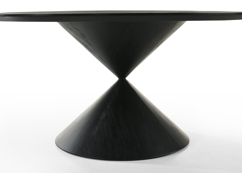 Close-up of Haven 7Pc Dining Set - Round Ebony table base showing the modern black double-cone pedestal design for a bold dining statement.