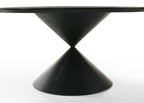 Close-up of Haven 7Pc Dining Set - Round Ebony table base showing the modern black double-cone pedestal design for a bold dining statement.