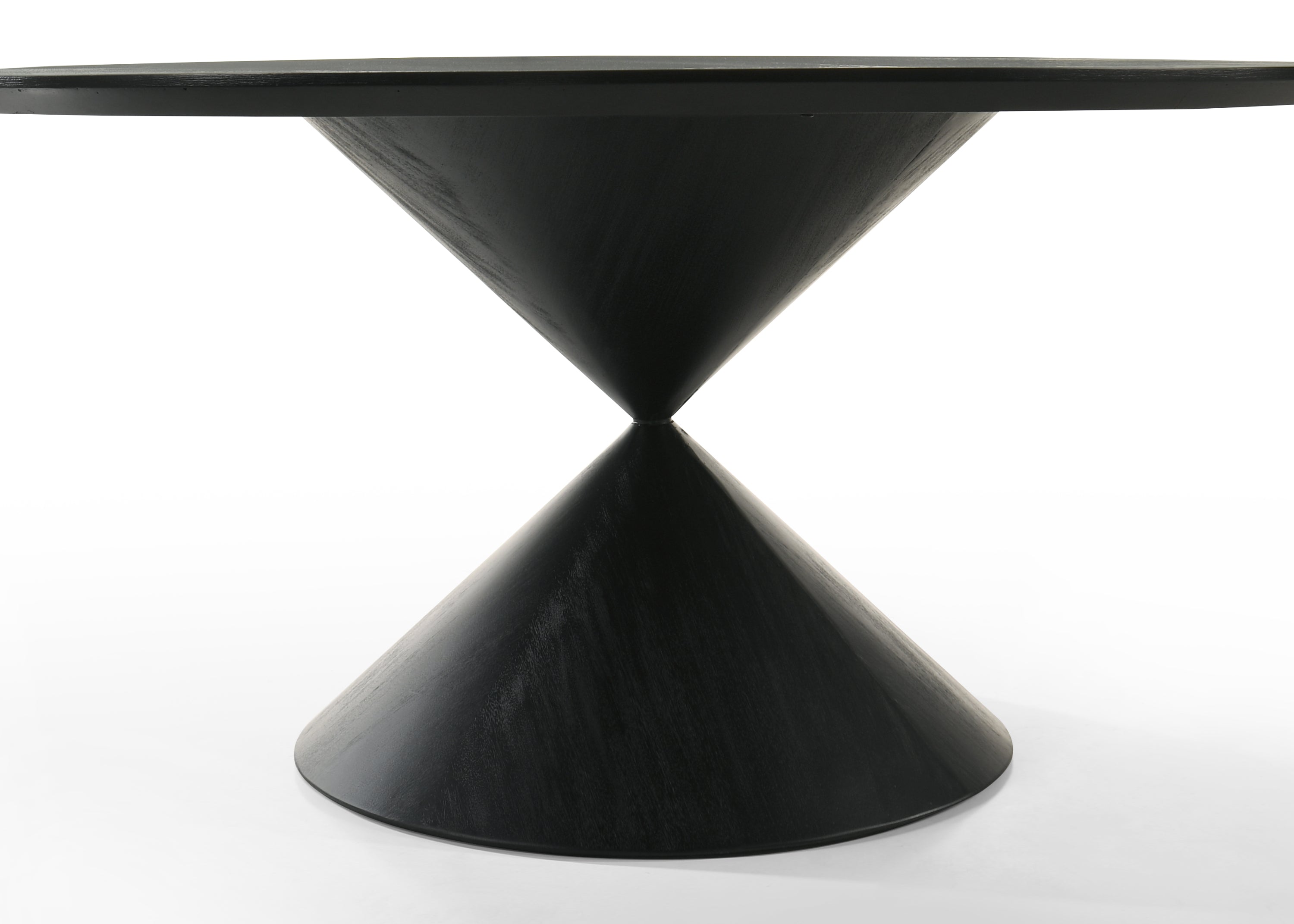 Close-up of Haven 7Pc Dining Set - Round Ebony table base showing the modern black double-cone pedestal design for a bold dining statement.