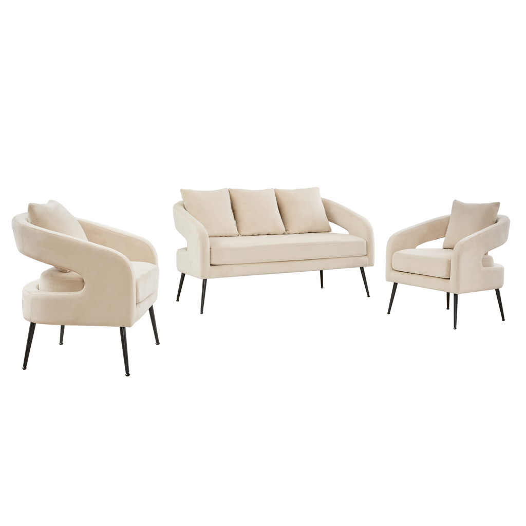 Mid Century Modern Velvet 3-Piece Living Room Set with Metal Legs in Beige, Loveseat & 2 Accent Chairs, Upholstered in Soft Velvet with Round Arms and Solid Wood Frame