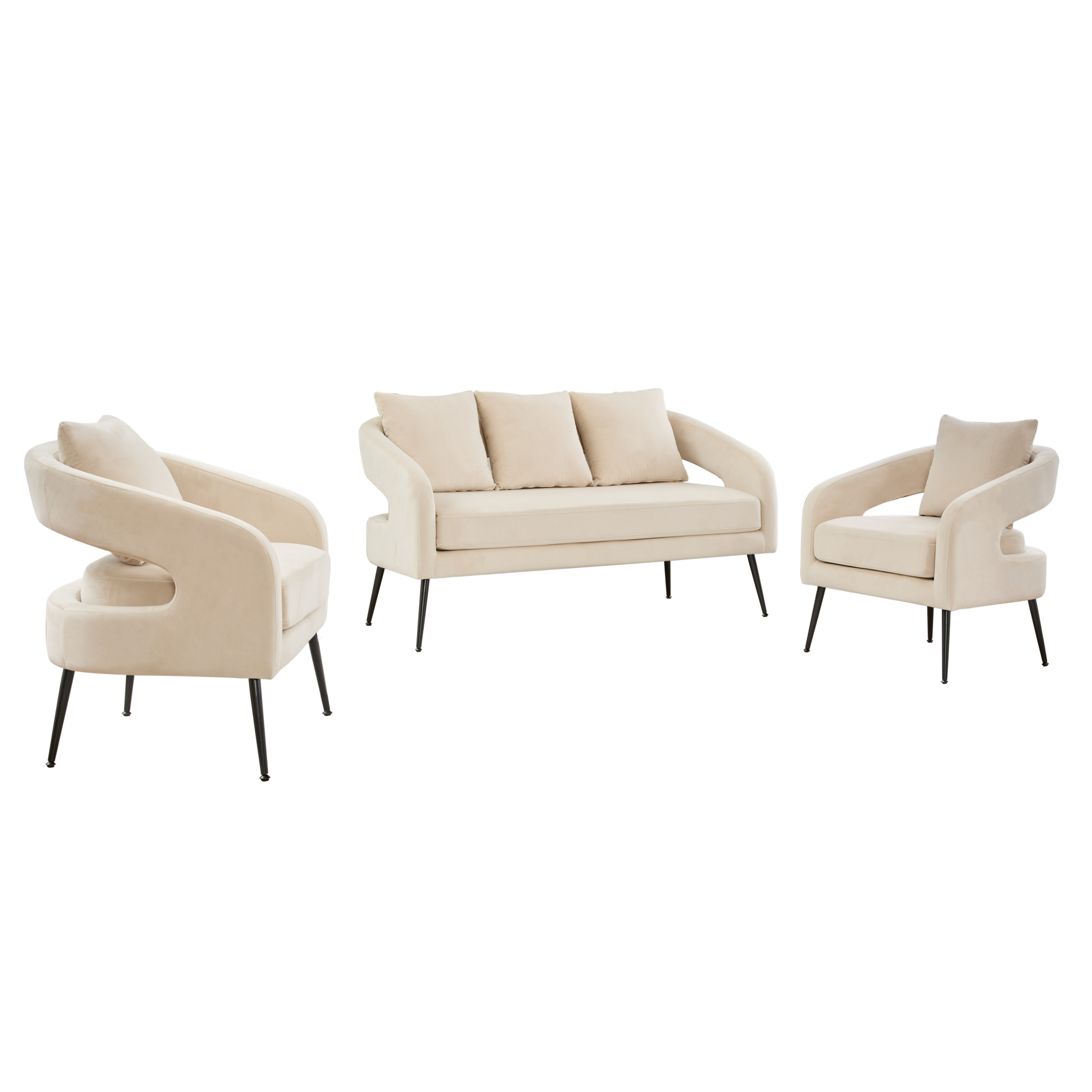 Mid Century Modern Velvet 3-Piece Living Room Set with Metal Legs in Beige, Loveseat & 2 Accent Chairs, Upholstered in Soft Velvet with Round Arms and Solid Wood Frame