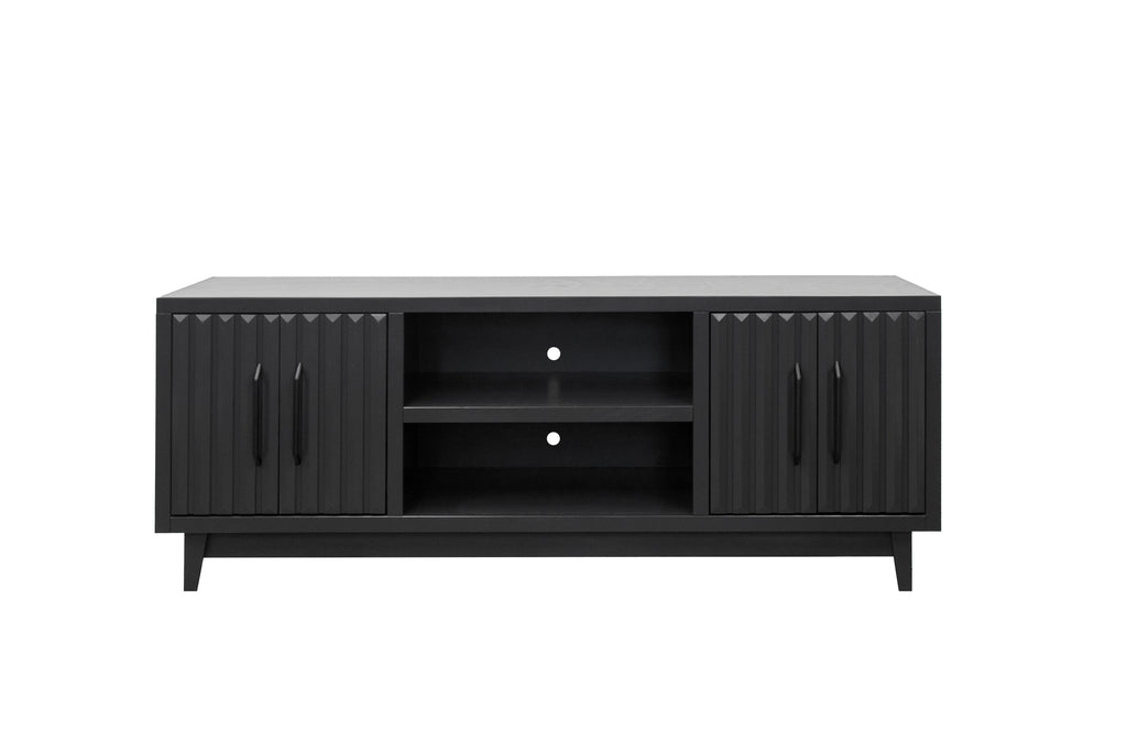 Front view of Radiance TV Stand 85 inch TVs - Black Finish with open center shelves and fluted cabinet doors.