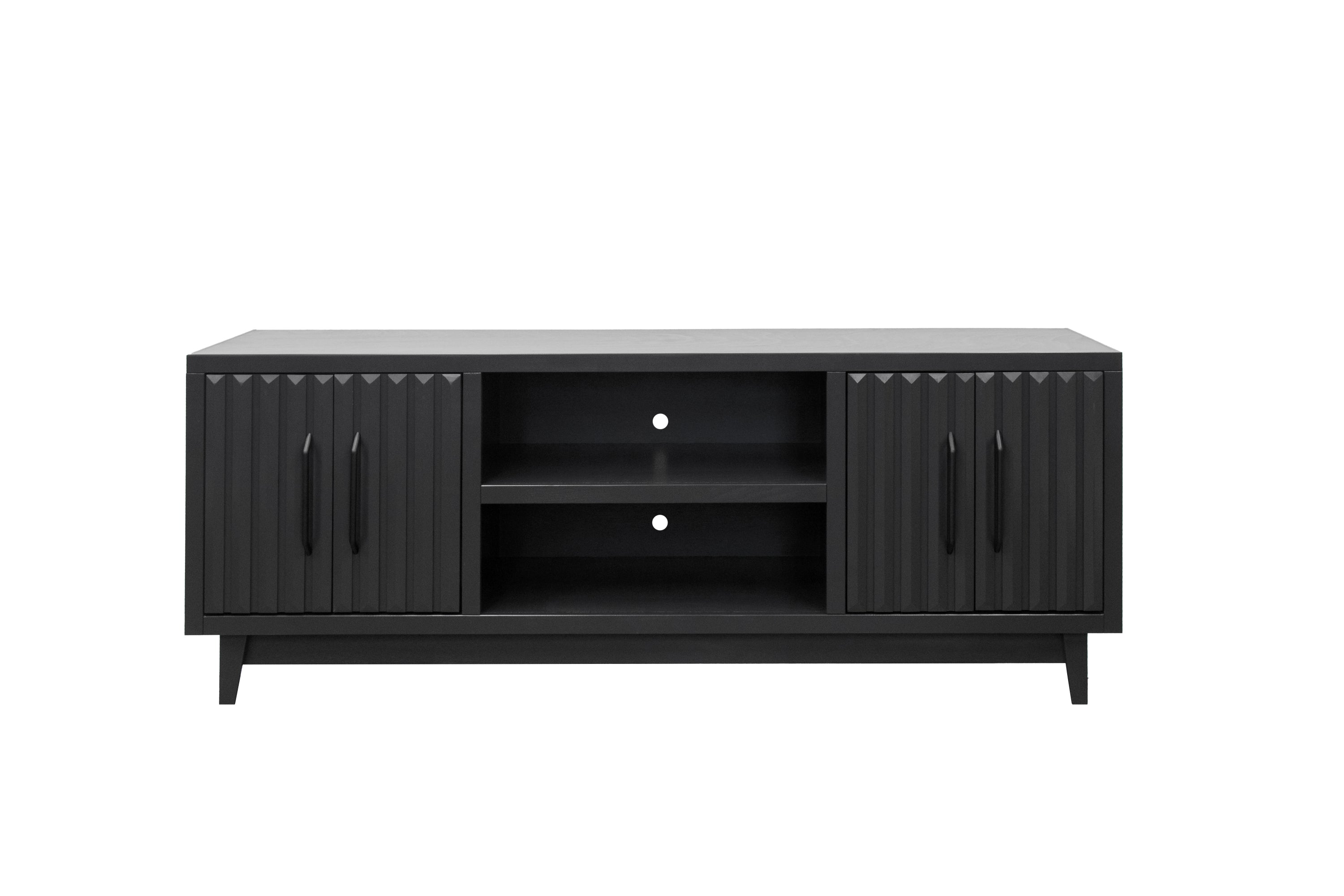 Front view of Radiance TV Stand 85 inch TVs - Black Finish with open center shelves and fluted cabinet doors.