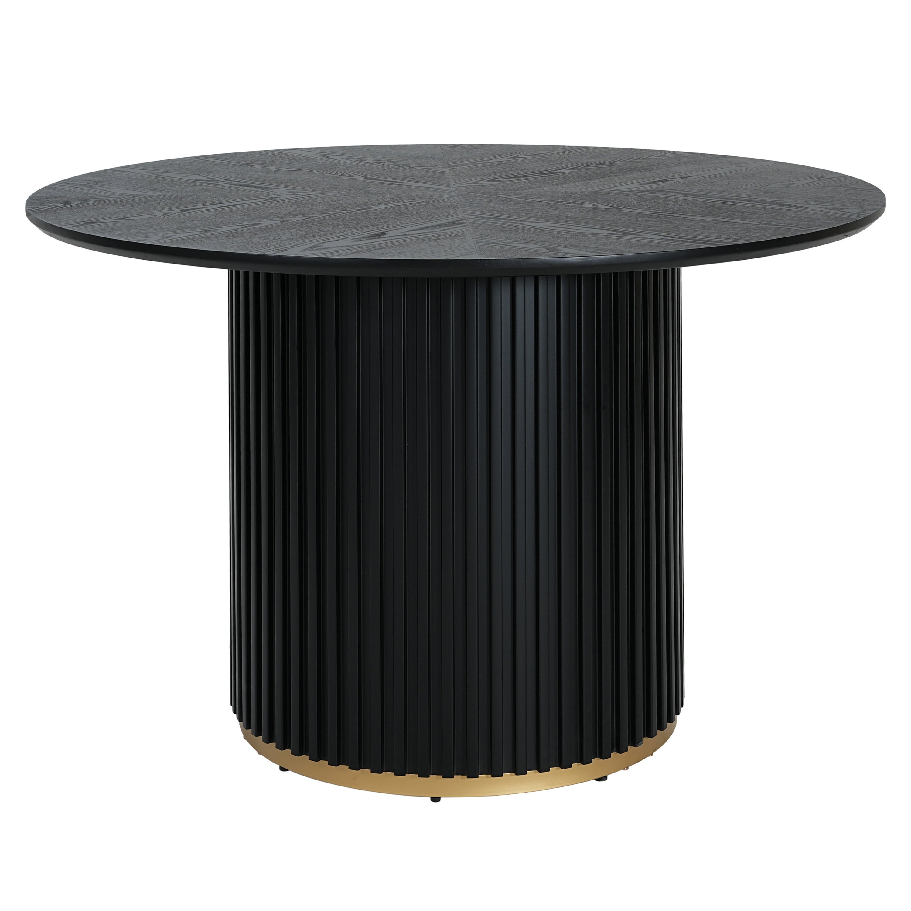 Modern black pedestal dining table with circular top and gold-accented base. Perfect for seating 4 in elegant dining areas.