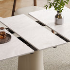 Detailed view of expandable rock slab tabletop with central extension panel, highlighting premium material and seamless design.