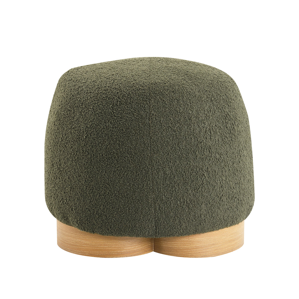 Round, olive green teddy fabric ottoman on a light wood circular base, featuring a modern, plush, minimalist design.