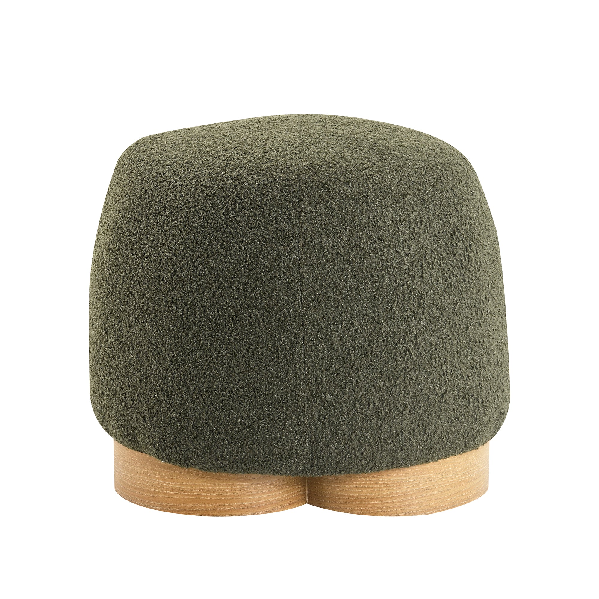 Round, olive green teddy fabric ottoman on a light wood circular base, featuring a modern, plush, minimalist design.