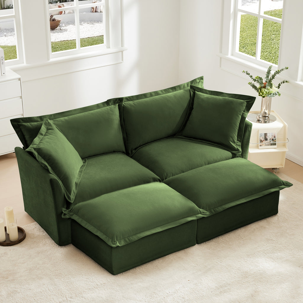 Green Chenille 2 Seater Sleeper Sofa with 2 Ottomans