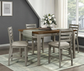 5-piece counter-height dining set with two-tone gray and cherry finish, storage drawers, and upholstered ladderback chairs.