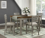 5-piece counter-height dining set with two-tone gray and cherry finish, storage drawers, and upholstered ladderback chairs.