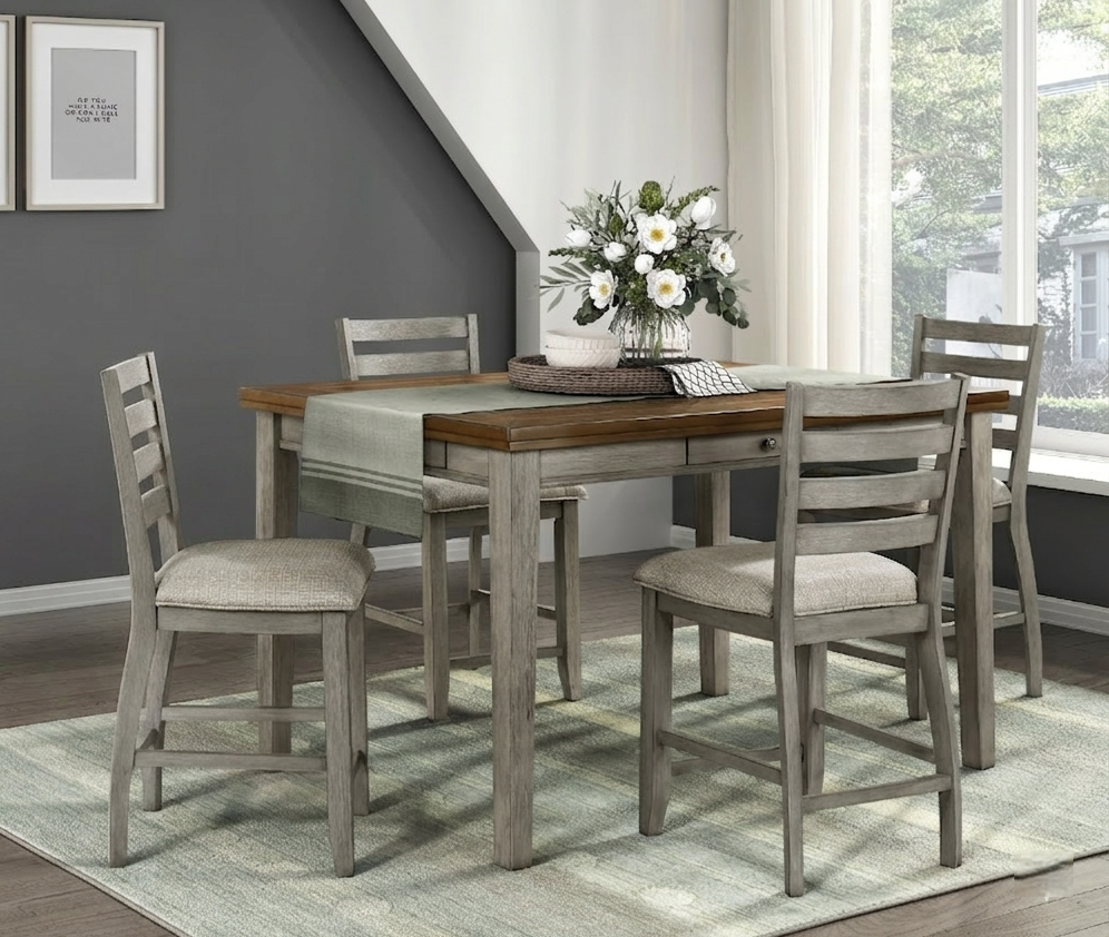 5-piece counter-height dining set with two-tone gray and cherry finish, storage drawers, and upholstered ladderback chairs.
