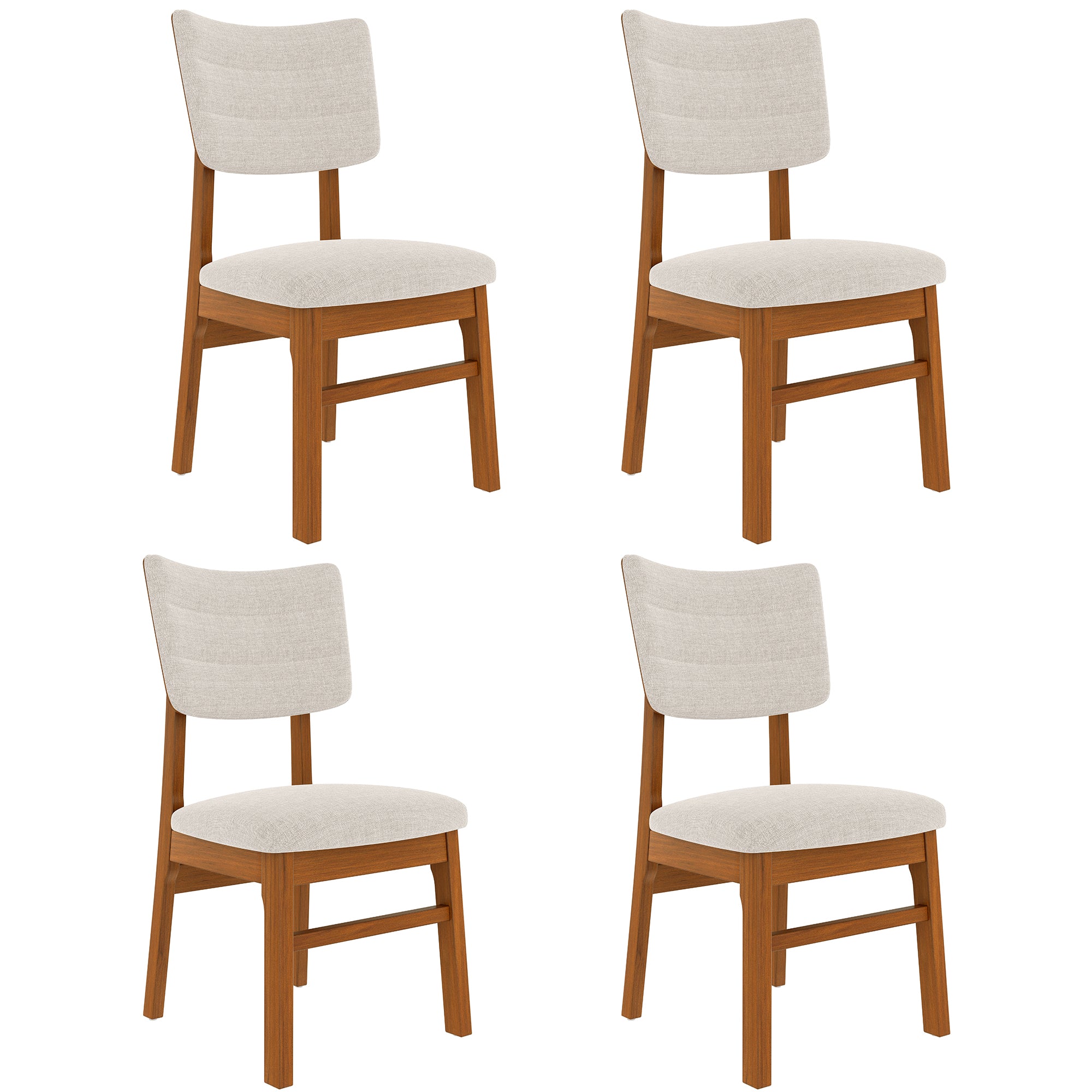 Mid-Century Modern Dining Chairs set of 4 with beige fabric seats and wooden frames, displayed on a white background.