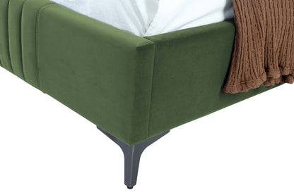 Detail of Moss Green 48' Velvet Bed corner with soft velvet upholstery and sleek black metal tapered leg.