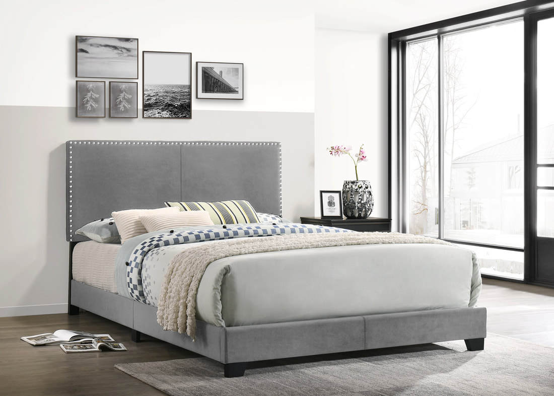 Modern Gray Velvet Queen Bed Frame with Vertical Tufted Headboard