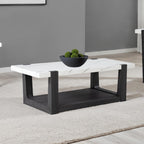 Modern coffee table with faux marble top and black wood base, placed on a beige rug in a contemporary living room setting.
