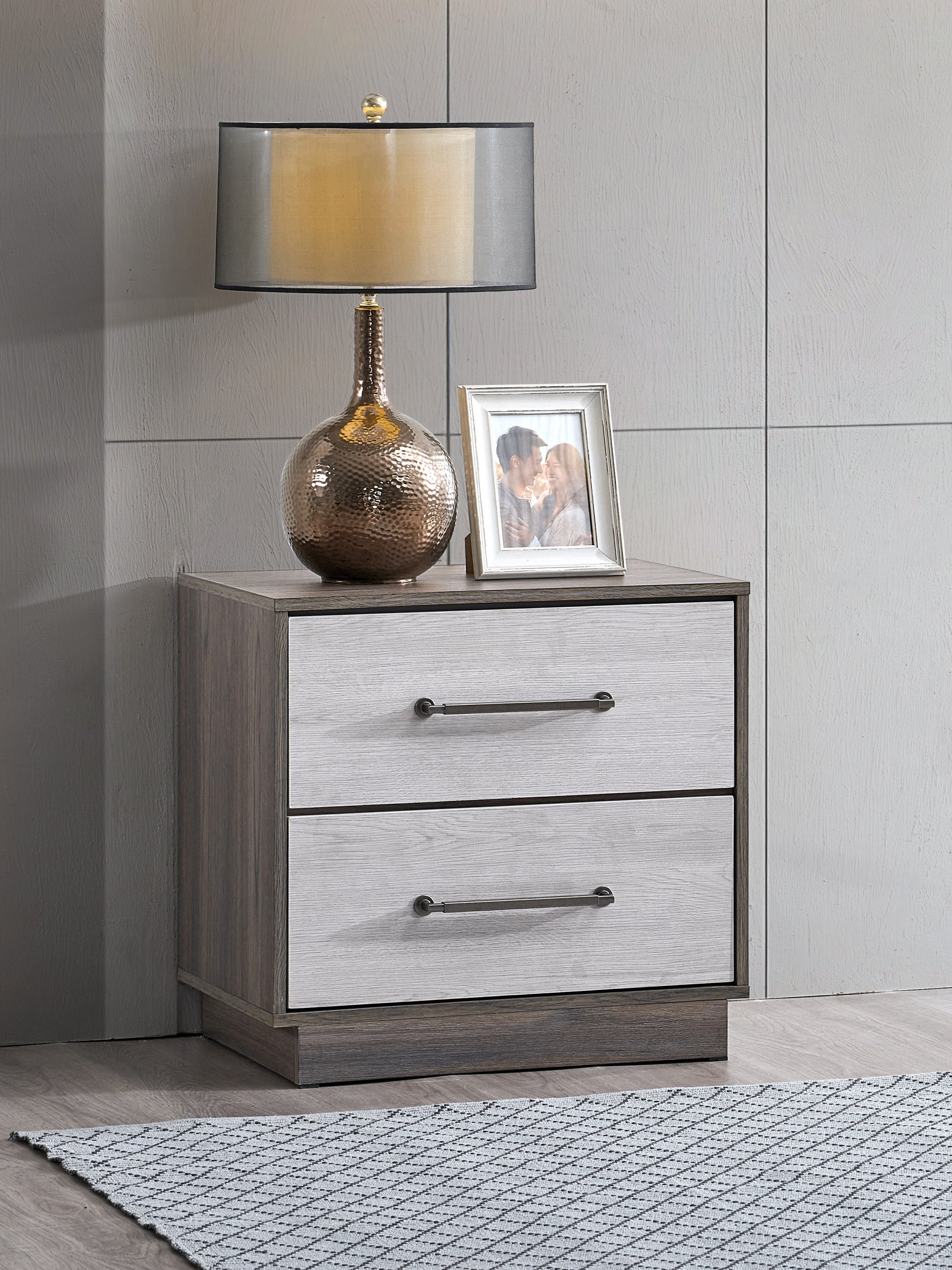 Aberdeen 2-Drawer Large Nightstand in Gray Wood with Metal Handles