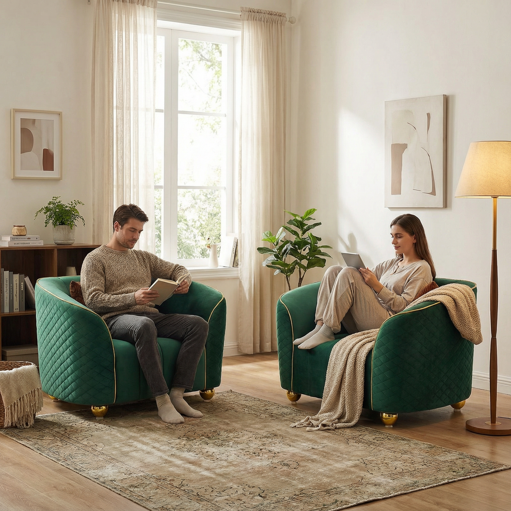 Retro Green Armchair with Gold Trim for Stylish Living Room.