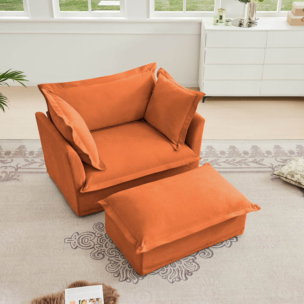 Orange Chenille Slipcovered Armchair with Ottoman, 2-Piece Set