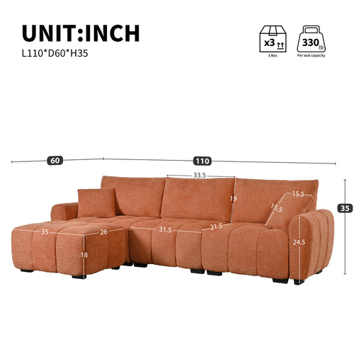 Dimensions of 110' modular sectional sofa with ottoman in boucle fabric, highlighting seat depth, height, and width for accurate fitting.