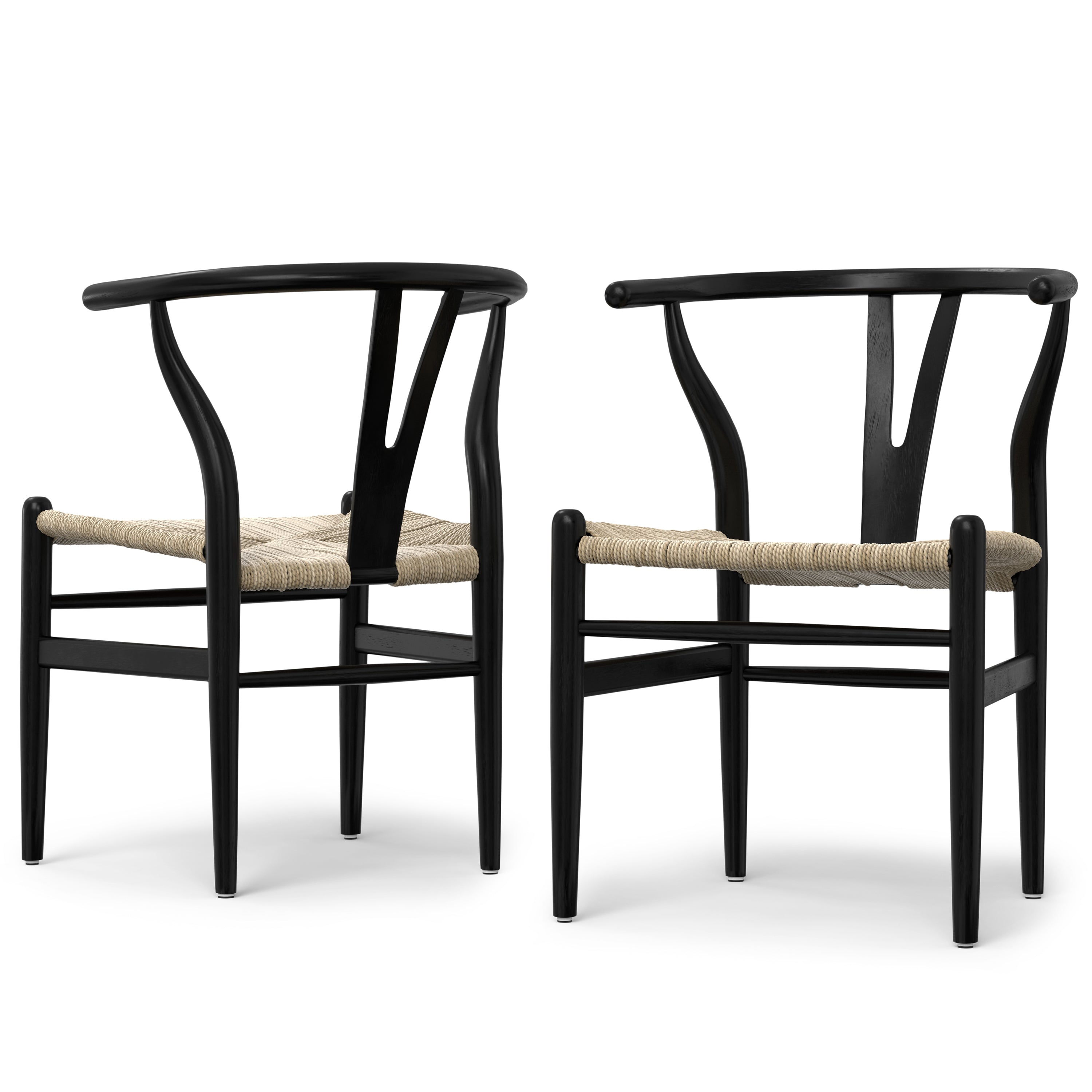 Set of 2 matte black beech wood dining chairs with ergonomic Y-back and woven seats, perfect for contemporary interiors.