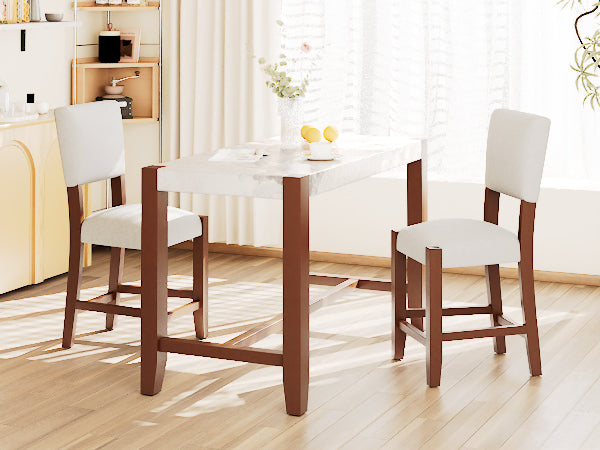 3-Piece Counter Height Dining Table Set for 2, Faux Marble Bar Table and 2 Upholstered-Seat Chairs, Mid-century Modern Dining Set for Dining Room, Pub Kitchen, Small Place