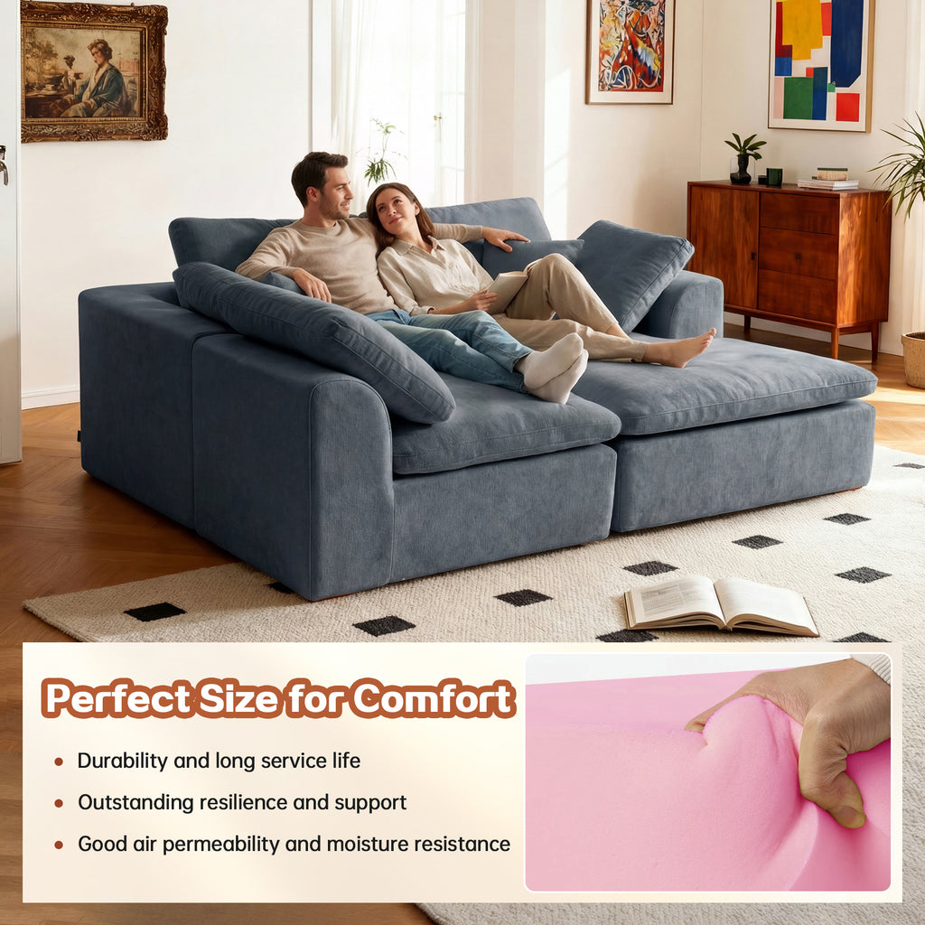 Modern L-Shaped Sectional Sofa with Reversible Chaise shown with couple relaxing, highlighting high-density foam and ergonomic support.