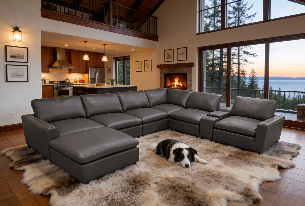 Blue Gray Leather Match 7-Seat U-Shaped Sectional with Storage