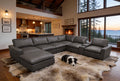 Blue Gray Leather Match 7-Seat U-Shaped Sectional with Storage