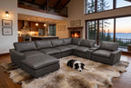 Blue Gray Leather Match 7-Seat U-Shaped Sectional with Storage